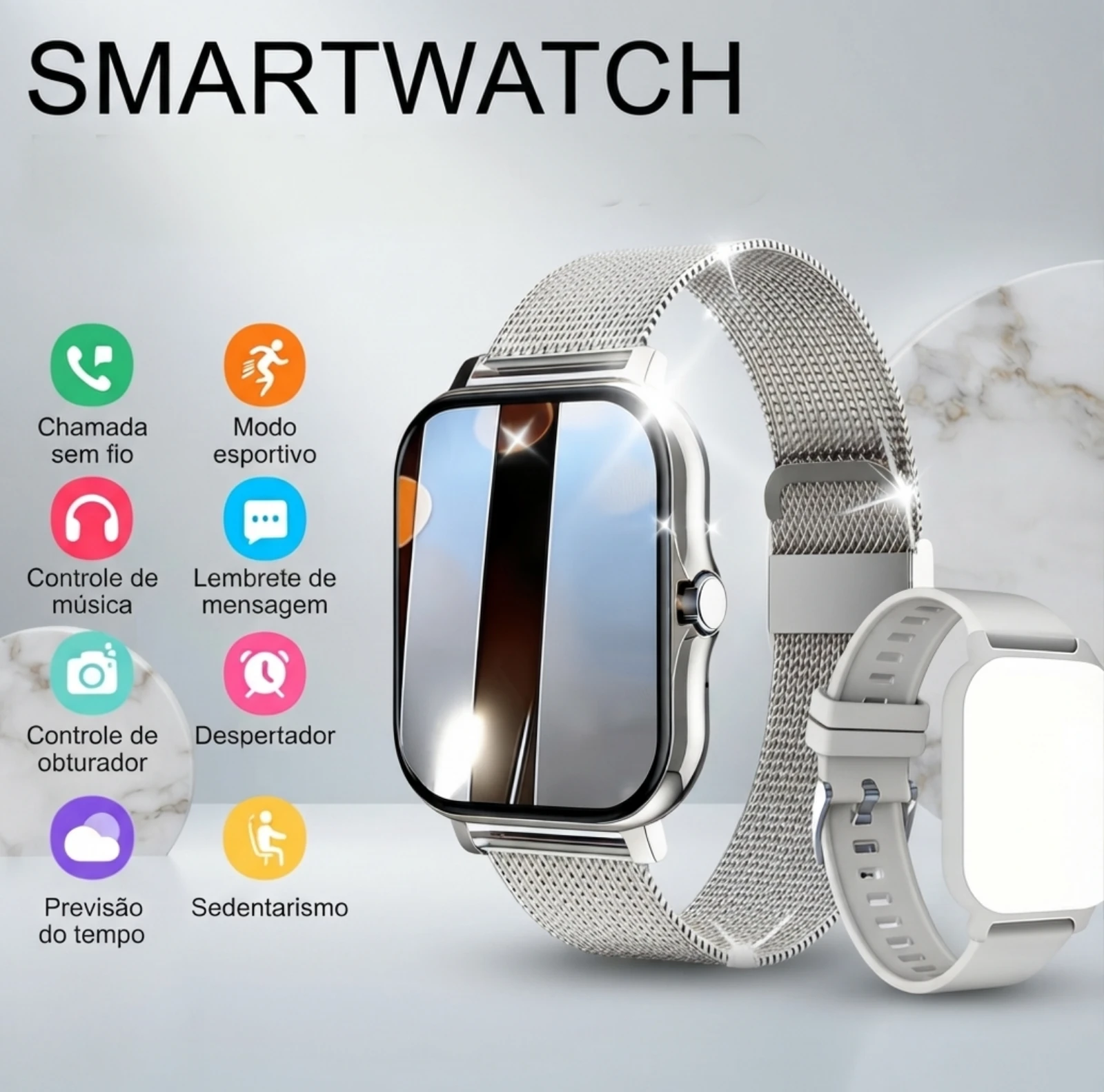 Smartwatch prateado, novo com caixa 